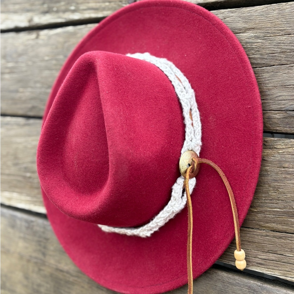 Red Wool Wide Brim Hat with Boho Band - Picture 8 of 9